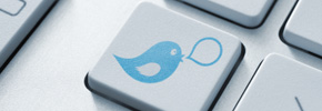 Blauer Twitter-Vogel auf Taste einer Computer-Tastatur